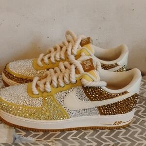 Nike Air Force 1 Gold and White Sparkle Sneakers